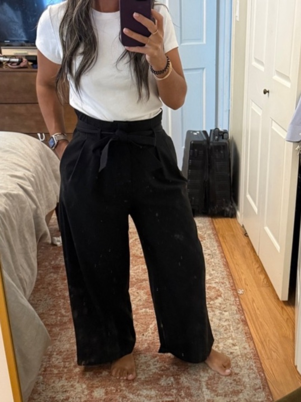 Zara Super High Waisted Belted Paperbag Wide Leg Pant Black